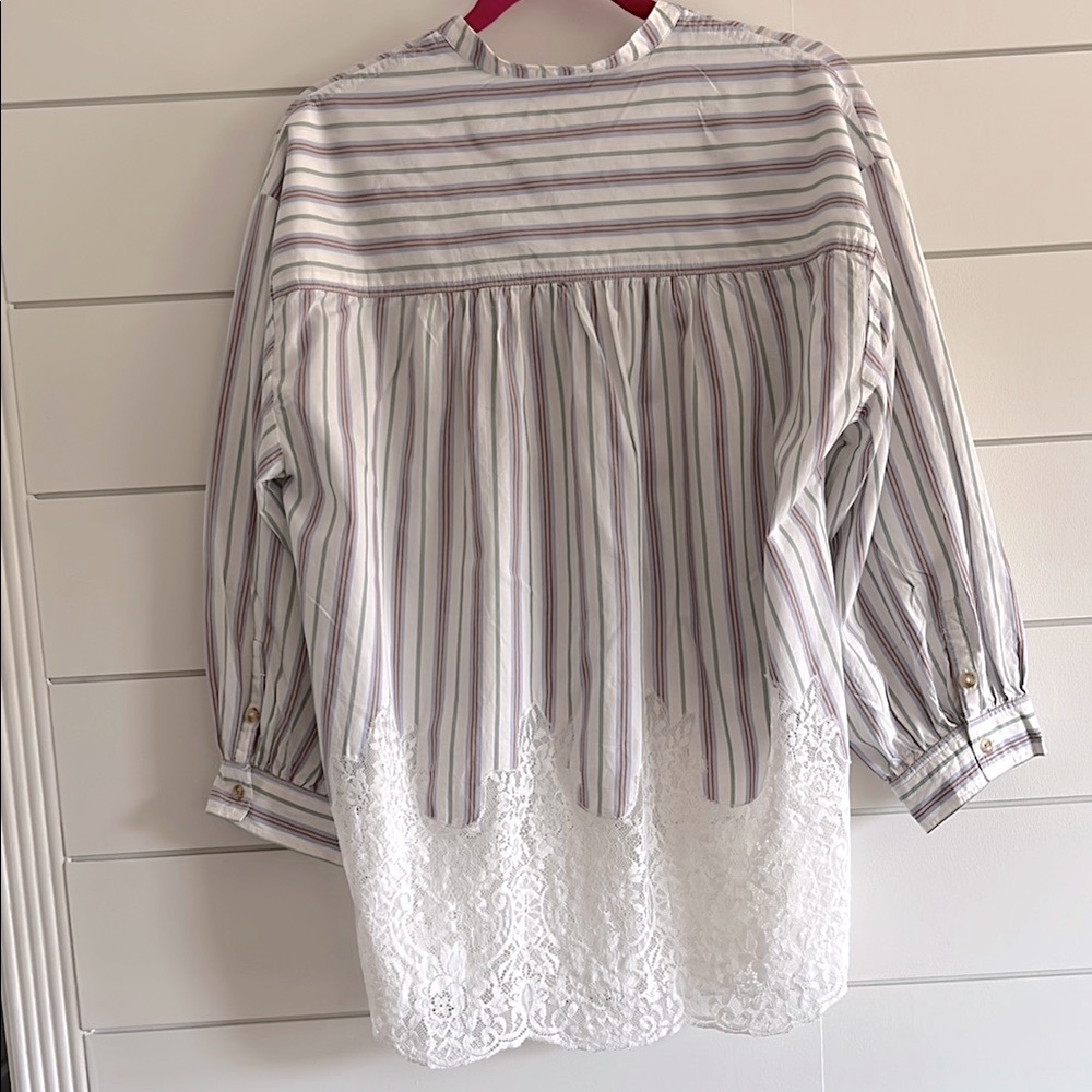 Anthropologie Pilcro Striped Cotton Blouse with Lace Hem - Picture 5 of 8